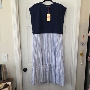 New ENTRO Navy And White Midi Dress Featuring Knit Textured Top And Flowy Bottom